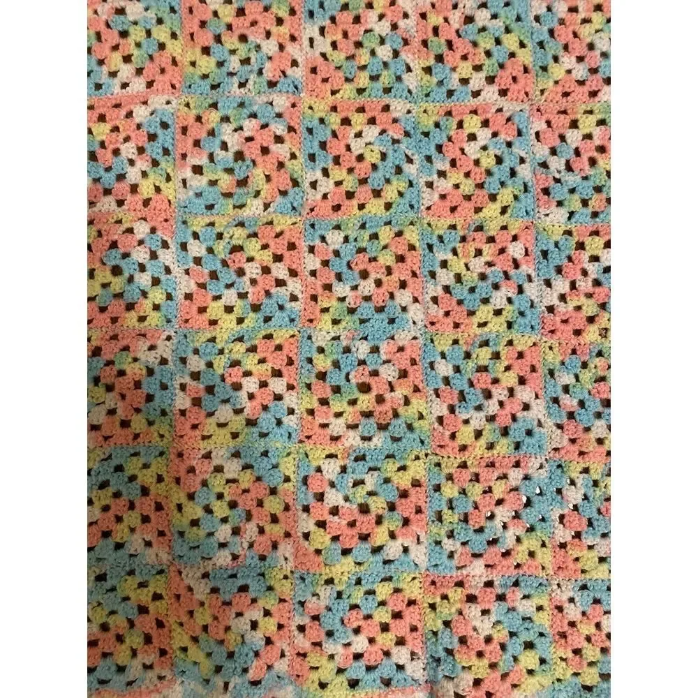 Vintage Hand-Knit Crochet Afghan Blanket Throw Pink Blue Yellow White 36